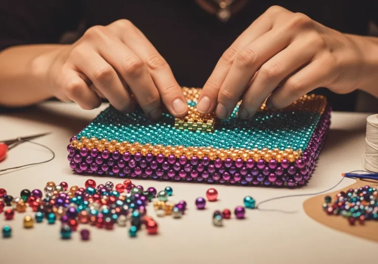 Kobieta ręcznie tworzy torebkę z turkusowych, złotych i fioletowych koralików.