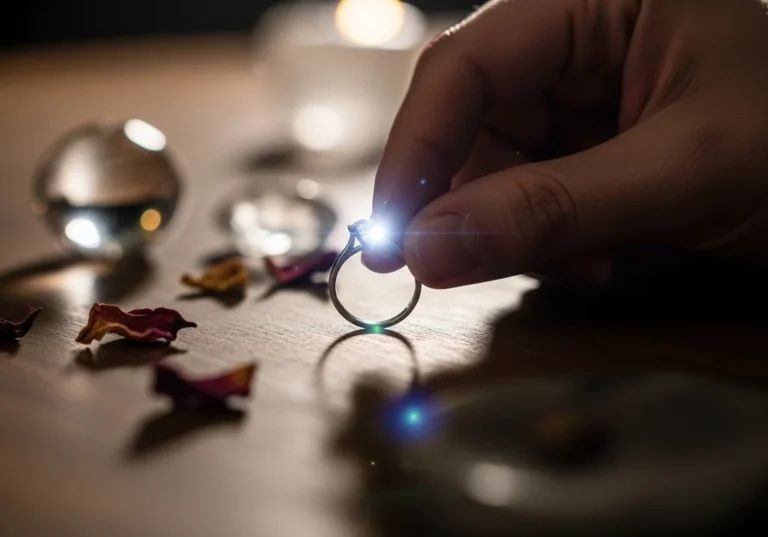 Dłoń trzyma błyszczącą obrączkę na tle płatków róż i kuli.