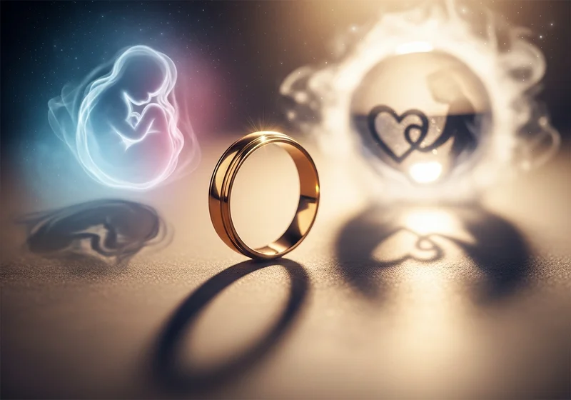 Złota obrączka na tle symbolizującym płód i serca, nawiązując do wróżb.