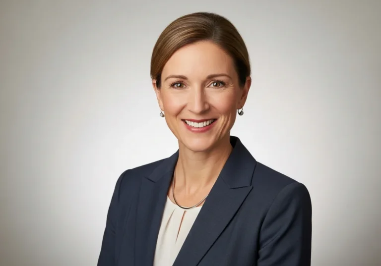 Uśmiechnięta kobieta w ciemnogranatowej marynarce i jasnej bluzce, pozująca do zdjęcia.