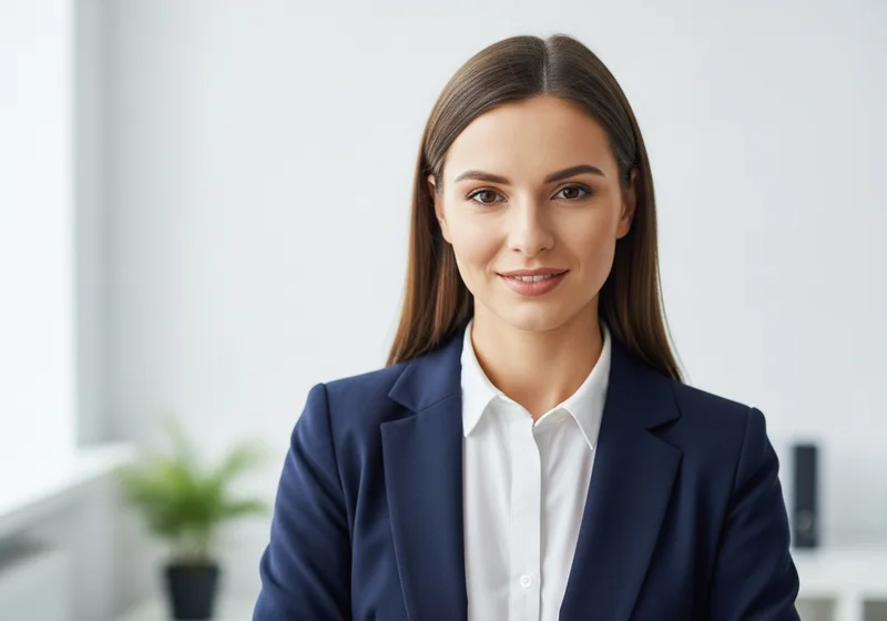 Kobieta w granatowej marynarce i białej koszuli, uśmiecha się do kamery.