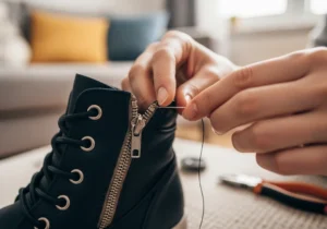 Dłoń naprawia zamek w czarnym bucie igłą i nitką.
