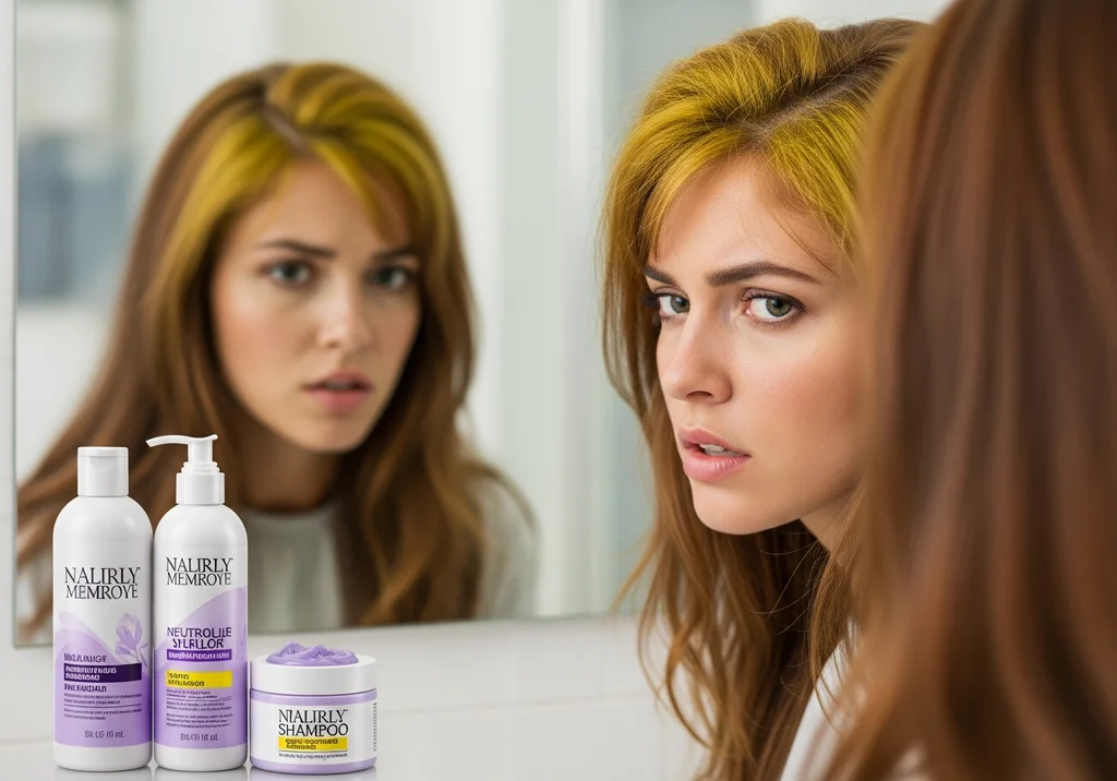 Kobieta z żółtymi odrostami przegląda się w lustrze obok kosmetyków do włosów marki NALIRLY MEMROYE.