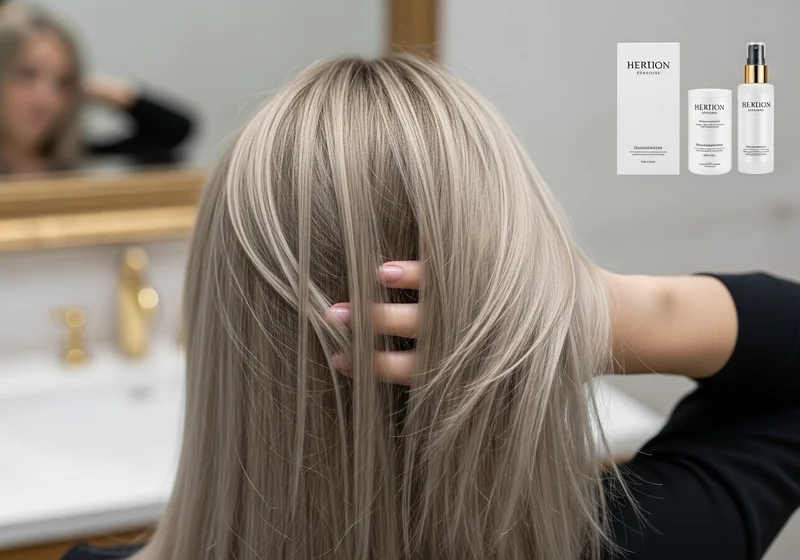 Kobieta z chłodnym blondem rozdziela włosy ręką, w tle produkty do pielęgnacji.