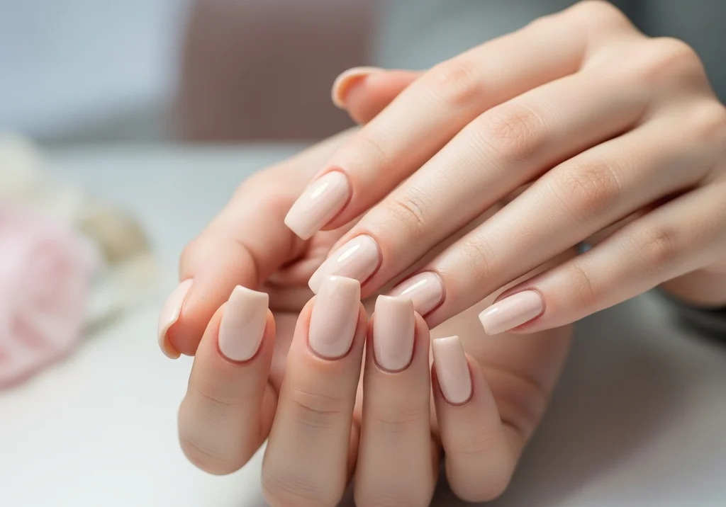 Dłonie z długimi, kwadratowymi paznokciami w cielistym kolorze.