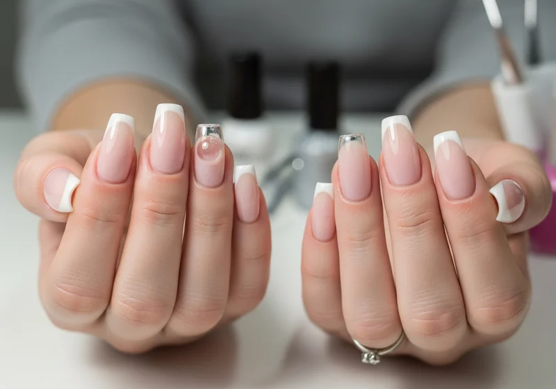 Dłonie z perfekcyjnymi paznokciami akrylowymi z białymi końcówkami, w tym jeden zdobiony kulką.