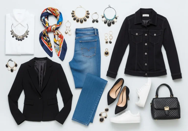 Kolekcja ubrań i dodatków do niebieskich jeansów: marynarka, koszula, kurtka, buty i torebka.