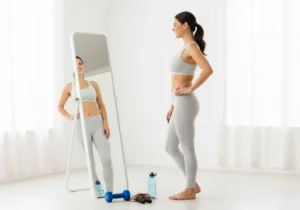 Kobieta o atletycznej budowie ciała w sportowym stroju przegląda się w lustrze.