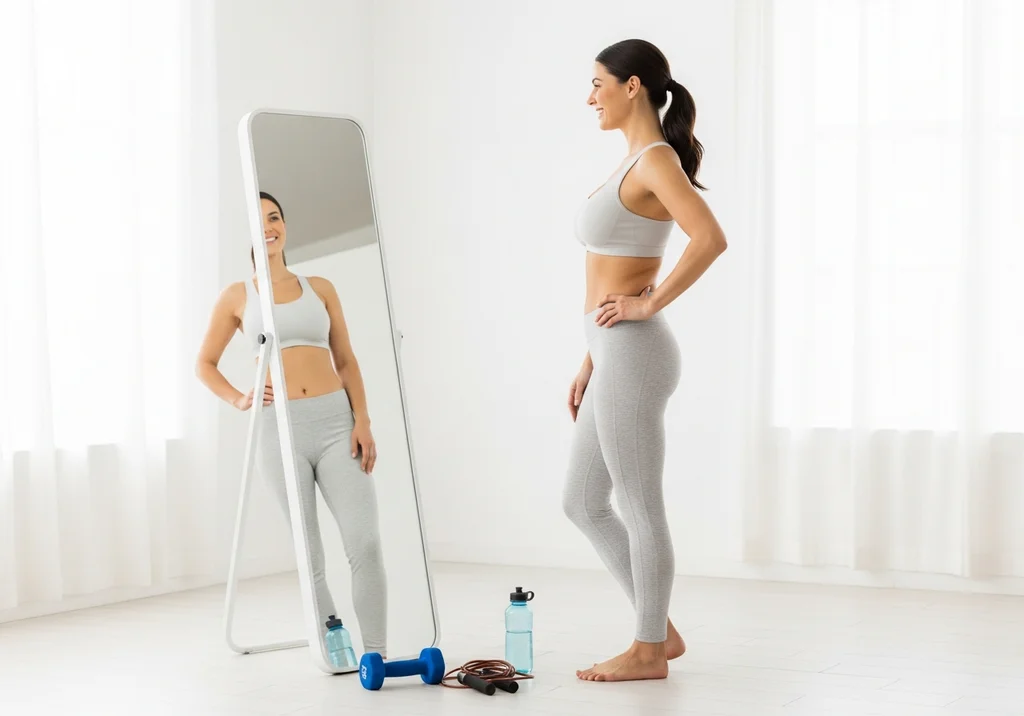 Kobieta o atletycznej budowie ciała w sportowym stroju przegląda się w lustrze.