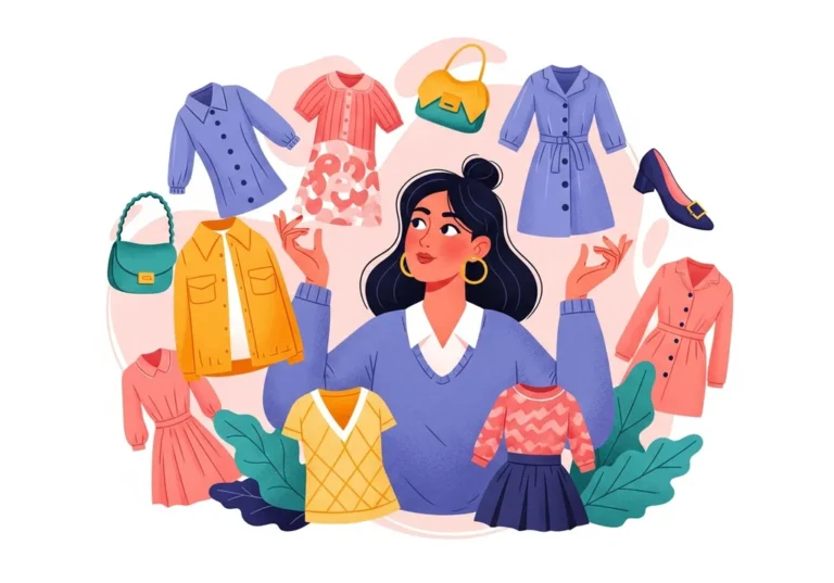 Kobieta zastanawia się nad wyborem stroju z wielu ubrań i torebek.
