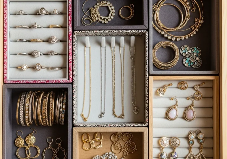 Organizer na biżuterię z przegródkami wypełniony pierścionkami, naszyjnikami i kolczykami.