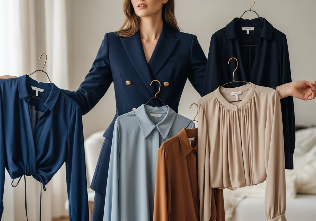 Kobieta w granatowej marynarce prezentuje cztery bluzki: niebieską, brązową, błękitną i beżową.