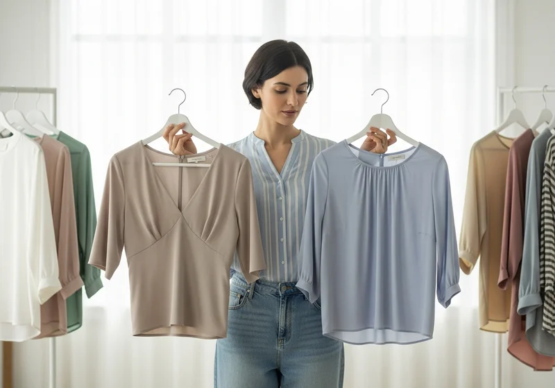 Kobieta wybiera między dwoma bluzkami do granatowej marynarki.