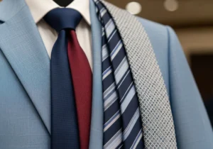 Jasno niebieski garnitur z koszulą i kilkoma krawatami: granatowym, bordowym, w paski i w drukowany wzór.