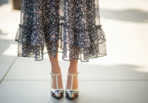 Dół kwiecistej sukienki z falbanką i eleganckie buty z kwiatowym wzorem na nogach.