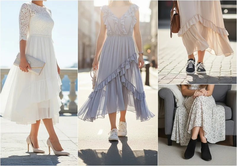 Stylizacje z sukienkami i różnymi butami: na obcasach, sneakersach i botkach.