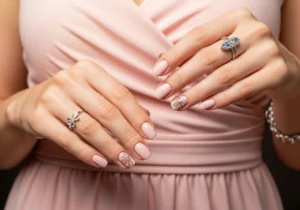 Dłonie kobiety w jasnoróżowej sukience z biżuterią i ozdobnymi paznokciami.