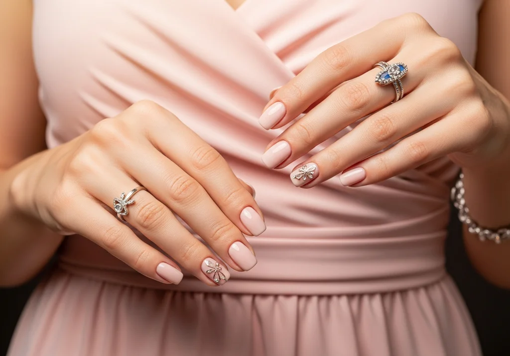 Dłonie kobiety w jasnoróżowej sukience z biżuterią i ozdobnymi paznokciami.