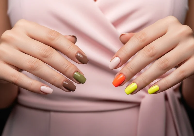 Dłonie z paznokciami w pastelowych i intensywnych kolorach na tle jasnoróżowej sukienki.