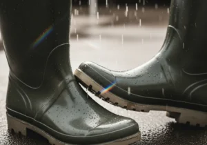 Zbliżenie na zielone, gumowe kalosze pokryte kroplami deszczu, z tęczową poświatą.