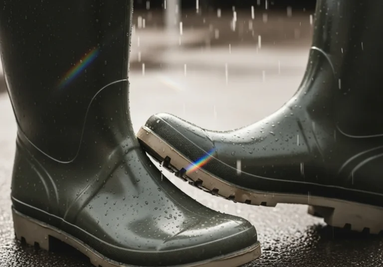 Zbliżenie na zielone, gumowe kalosze pokryte kroplami deszczu, z tęczową poświatą.