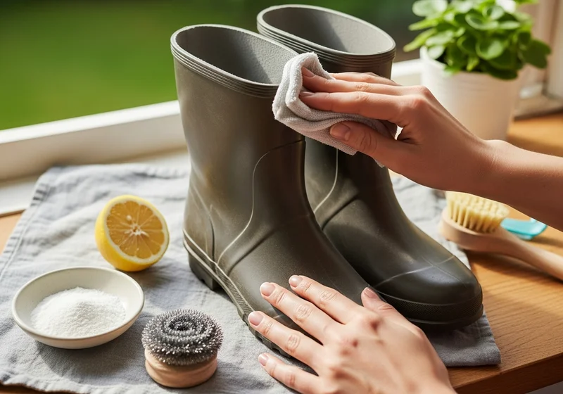 Osoba czyści zielone gumowe buty, obok leży cytryna, soda i szczotki.