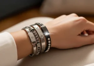 Ręka z kilkoma srebrnymi bransoletkami o nowoczesnym designie, w tym jedną z czarnym elementem i błyskiem.