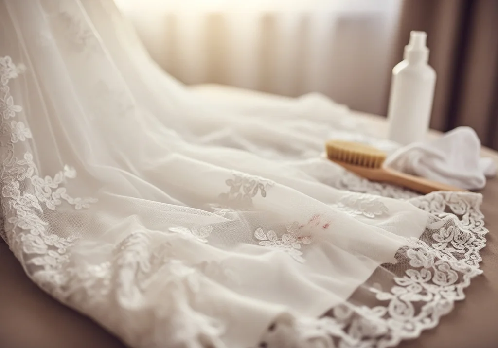 Biała suknia ślubna z koronką i czerwoną plamą, obok szczotka i płyn do czyszczenia.