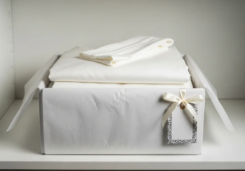 Eleganckie białe pudełko z delikatnymi tekstyliami, ozdobione wstążką i pustą etykietą, na białej półce.