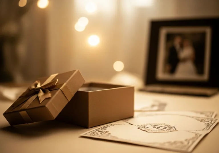 Otwarte złote pudełko prezentowe, karta z liczbą "50" i rozmyte zdjęcie ślubne w ciepłej, świątecznej scenerii.