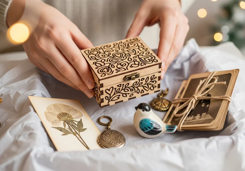 Ręce trzymają rzeźbione drewniane pudełko. Obok pamiątki: stare zdjęcia, suszony kwiat, figurka ptaszka. Prezenty od serca.