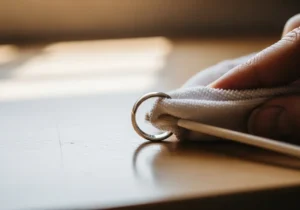 Dłoń czyści obrączkę ślubną miękką ściereczką i delikatną szczoteczką.