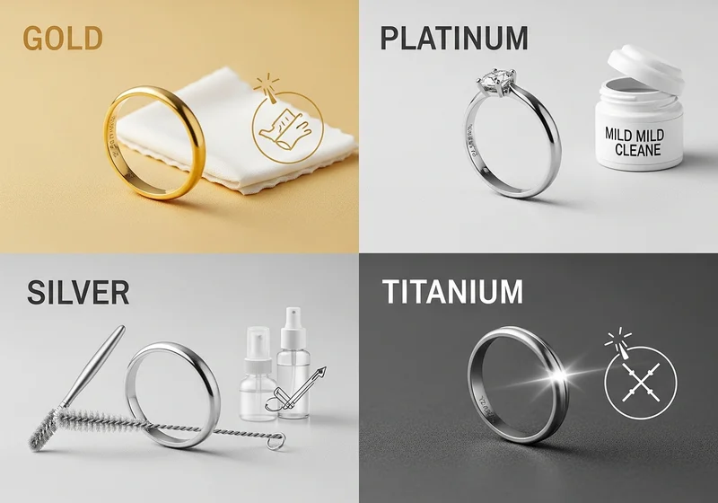 Ilustracja pielęgnacji obrączek: złotej (szmatka), platynowej (pasta), srebrnej (szczotka, spray), tytanowej (polerowanie).