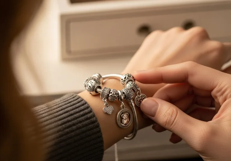 Kobieta w swetrze dotyka srebrnej bransoletki Pandory z licznymi koralikami i zawieszkami na nadgarstku.