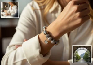 Kobieta z błyszczącą bransoletką Pandora, której charmsy symbolizują chwile i osobiste wspomnienia.