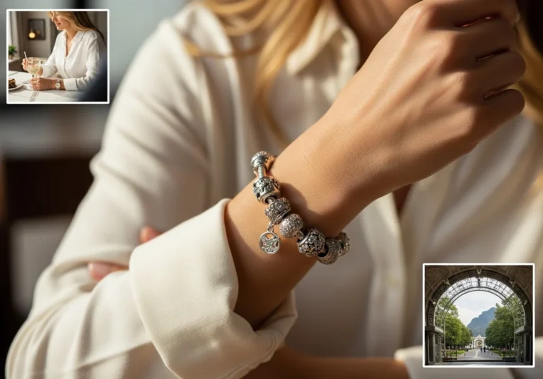 Kobieta z błyszczącą bransoletką Pandora, której charmsy symbolizują chwile i osobiste wspomnienia.