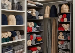 Uporządkowana szafa z rolowanymi szalikami i czapkami w wiszących organizerach, na półkach i w pojemnikach.