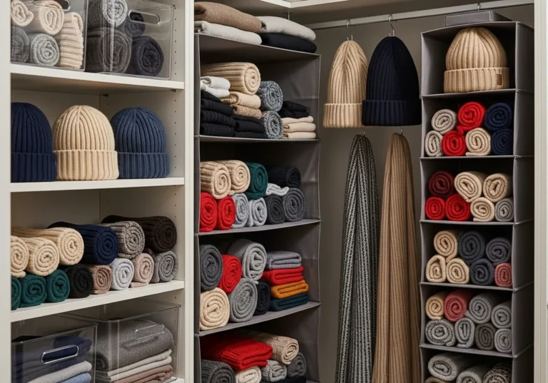 Uporządkowana szafa z rolowanymi szalikami i czapkami w wiszących organizerach, na półkach i w pojemnikach.