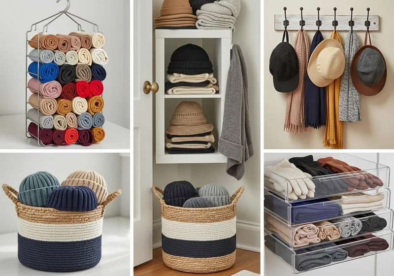 Różne rozwiązania do przechowywania czapek i szalików: wiszące, w koszach, na półkach i w szufladach.