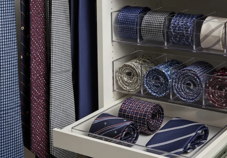 Eleganckie krawaty wiszące i poukładane w przezroczystych organizerach na półkach i w szufladzie w szafie.