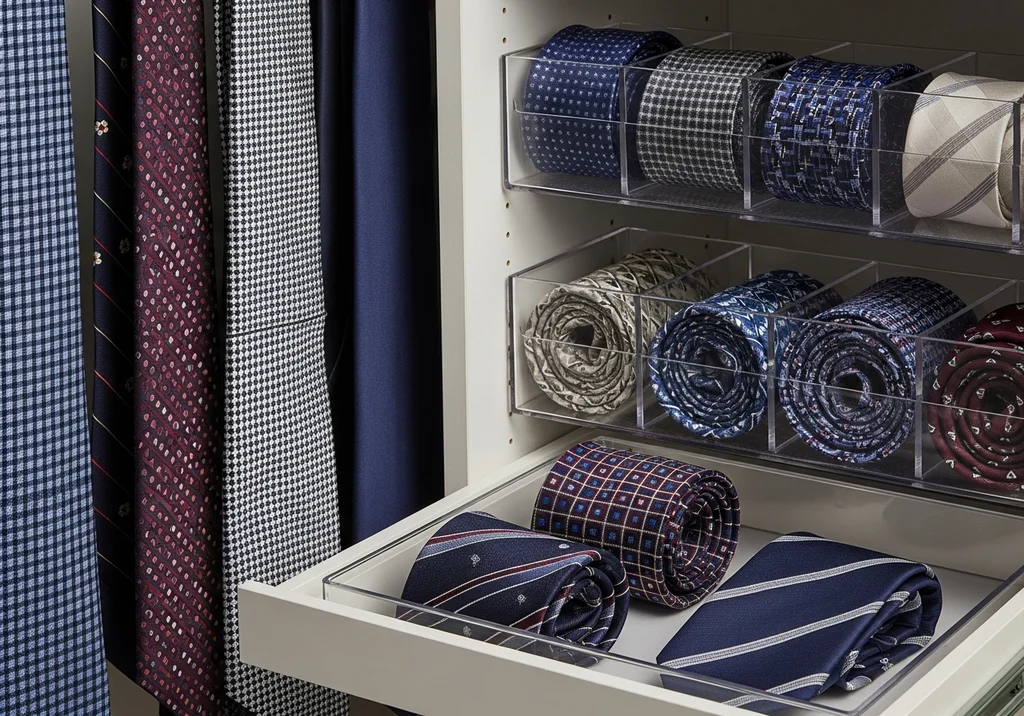 Eleganckie krawaty wiszące i poukładane w przezroczystych organizerach na półkach i w szufladzie w szafie.