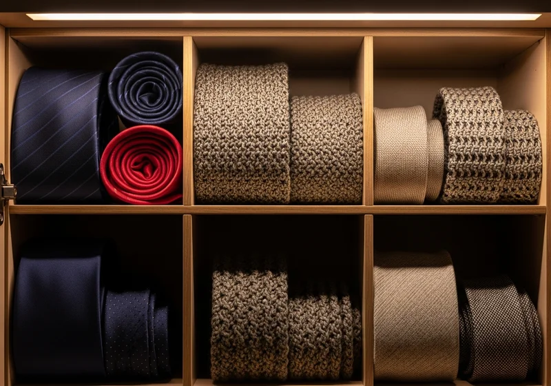 Zorganizowana szafka z różnymi krawatami: gładkimi, wzorzystymi i dzianinowymi, ułożonymi w drewnianych przegródkach.