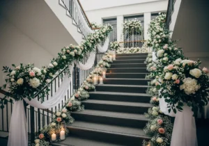 Elegancka dekoracja klatki schodowej na ślub: girlandy z białych i różowych kwiatów, zieleń, świece, woale.