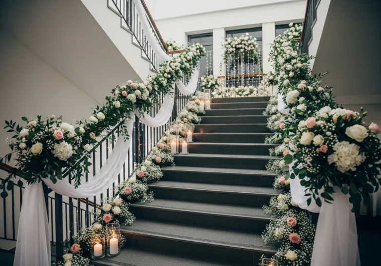 Elegancka dekoracja klatki schodowej na ślub: girlandy z białych i różowych kwiatów, zieleń, świece, woale.