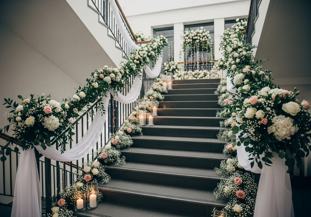 Elegancka dekoracja klatki schodowej na ślub: girlandy z białych i różowych kwiatów, zieleń, świece, woale.