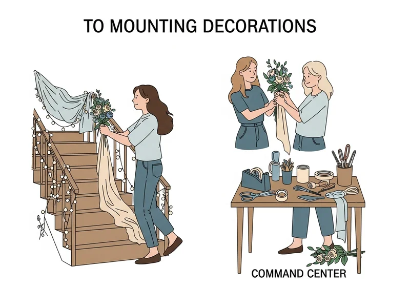 Kobieta montująca dekoracje na schodach; obok stół z narzędziami i kwiatami – 