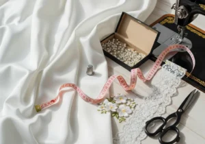 Lśniący biały materiał, koronka, szpilki, miarka i maszyna do szycia – niezbędne akcesoria do stworzenia sukni ślubnej.