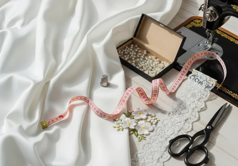 Lśniący biały materiał, koronka, szpilki, miarka i maszyna do szycia – niezbędne akcesoria do stworzenia sukni ślubnej.