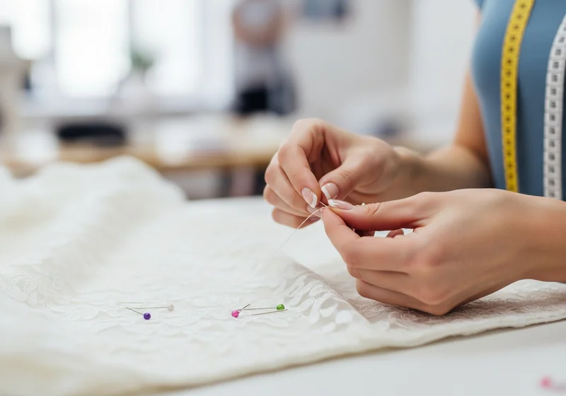 Dłonie precyzyjnie nawlekające nitkę na igłę, na tle delikatnej koronki do sukni ślubnej i szpilek.