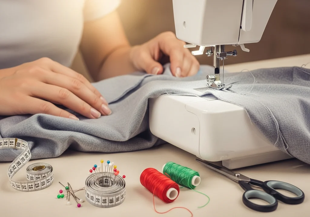 Szycie szarego materiału na maszynie. Na stole krawieckie akcesoria: nici, miary, szpilki, nożyczki.